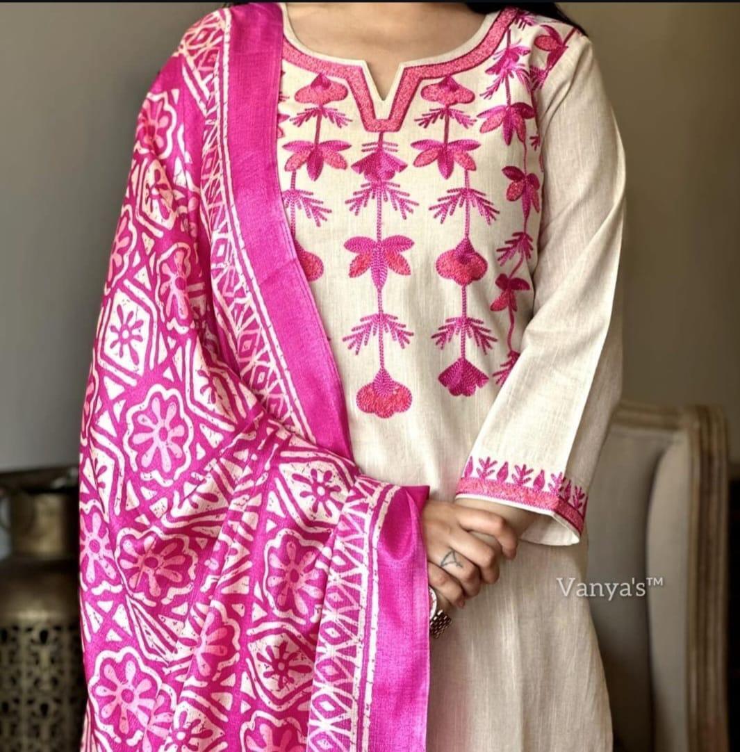 Salwar kameez South Cotton Kurta Set with Khadi Silk Dupatta – Aari Embroiderd - 001FASHIONFORWARD