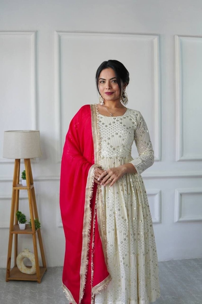 Silk Indian Pakistani Anarkali Gown Set – Party Wear with Dupatta (Ready - Made) - 001FASHIONFORWARD