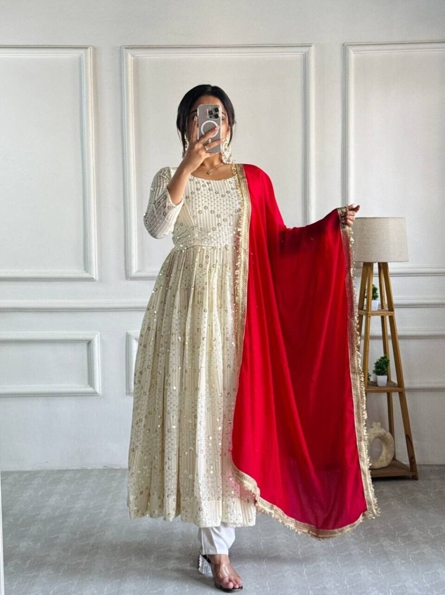 Silk Indian Pakistani Anarkali Gown Set – Party Wear with Dupatta (Ready - Made) - 001FASHIONFORWARD