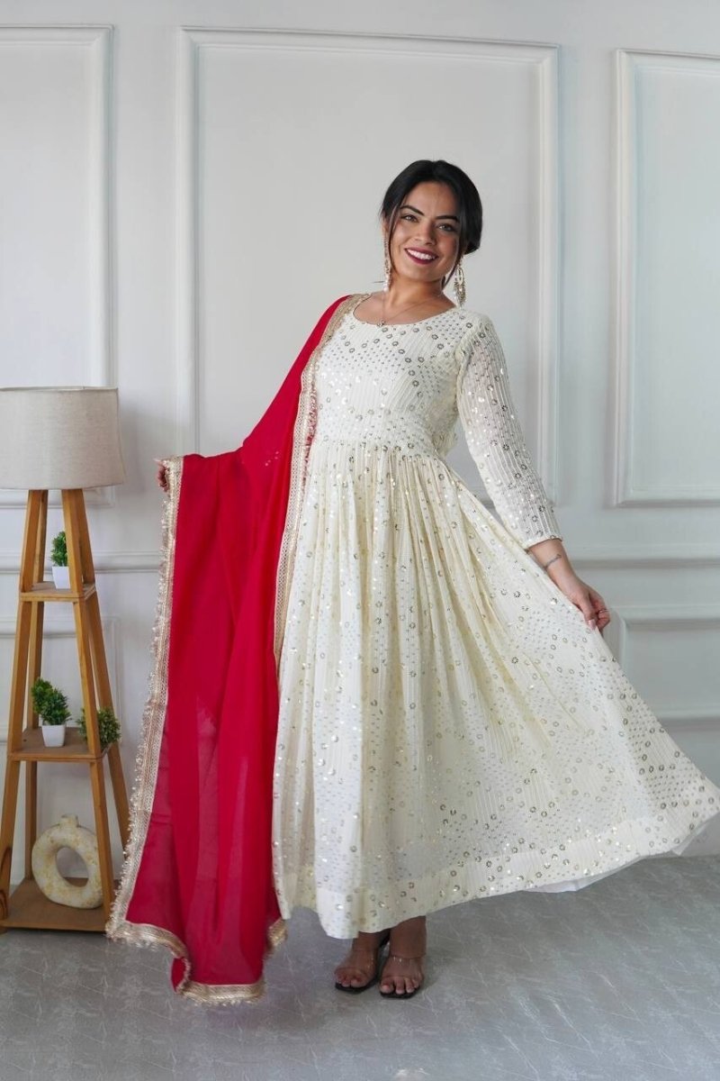 Silk Indian Pakistani Anarkali Gown Set – Party Wear with Dupatta (Ready - Made) - 001FASHIONFORWARD