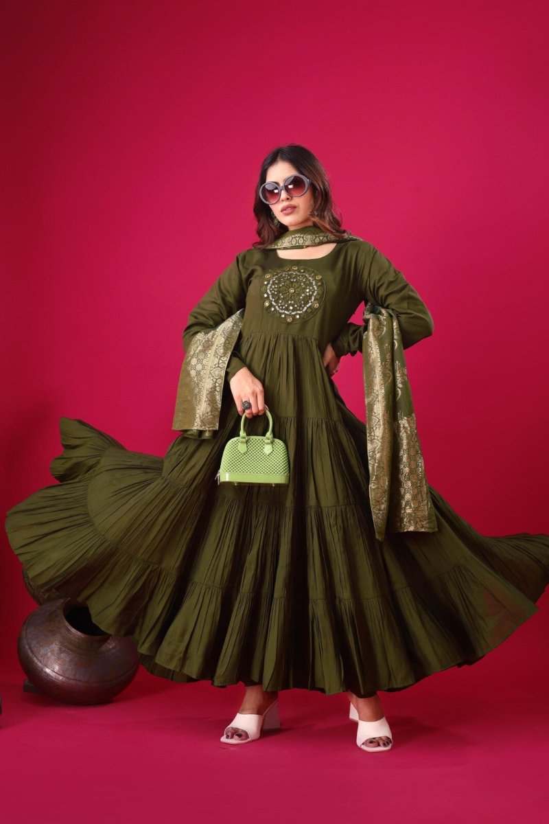 Silk Party Wear Flared Anarkali Gown Set readymade fullly sttitched - 001FASHIONFORWARD
