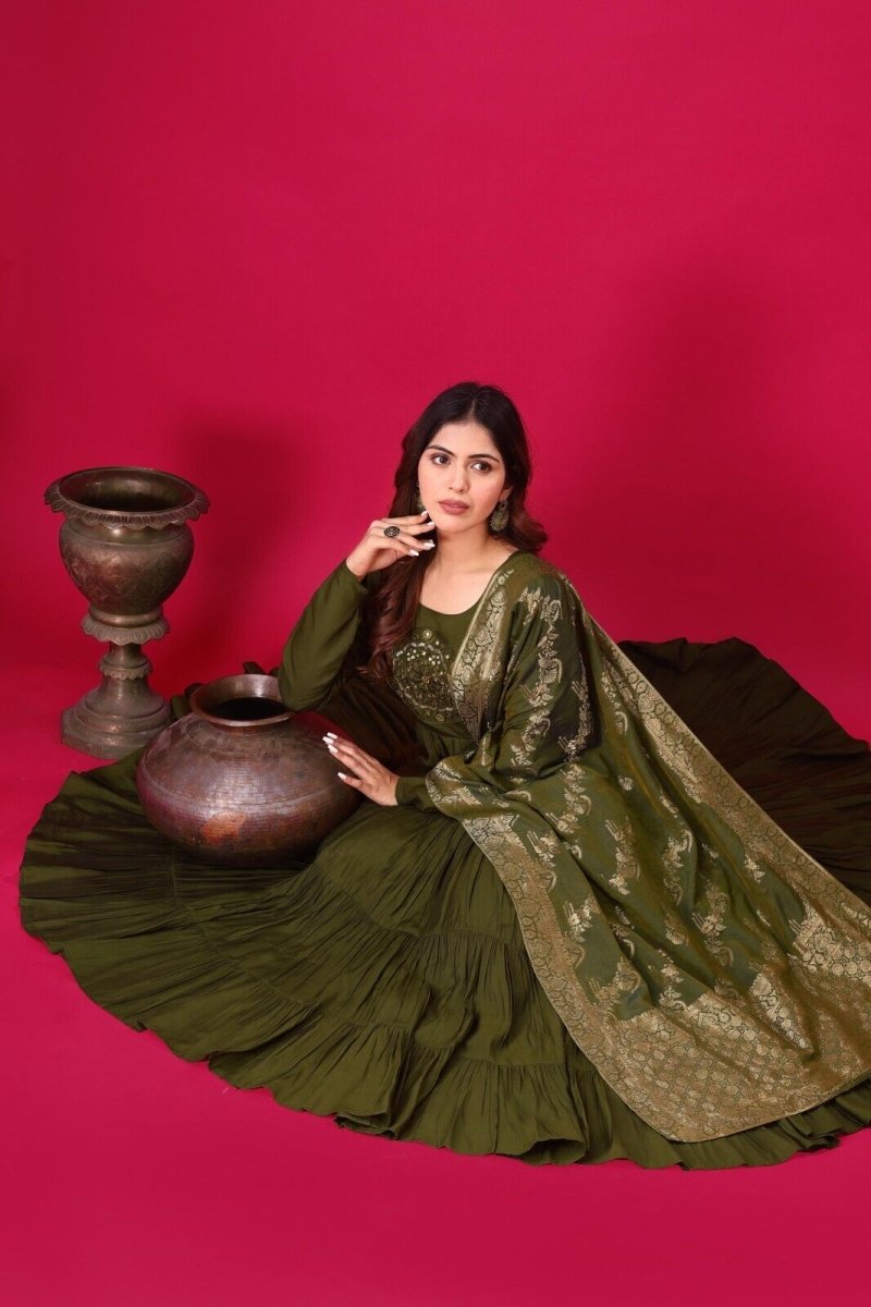 Silk Party Wear Flared Anarkali Gown Set readymade fullly sttitched - 001FASHIONFORWARD