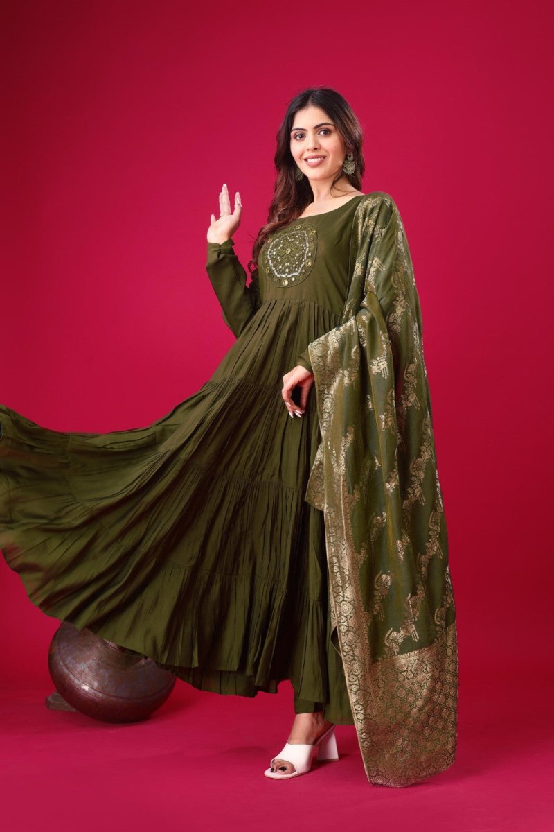 Silk Party Wear Flared Anarkali Gown Set readymade fullly sttitched - 001FASHIONFORWARD