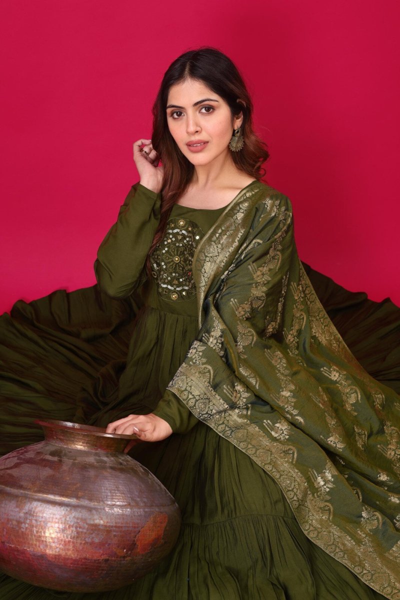 Silk Party Wear Flared Anarkali Gown Set readymade fullly sttitched - 001FASHIONFORWARD