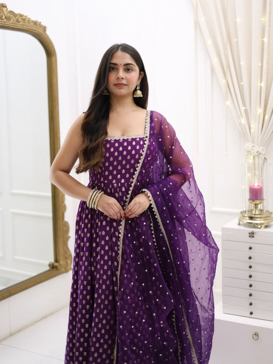 Silk Purple Ready Made Anarkali Gown With Traditional Weaving - 001FASHIONFORWARD