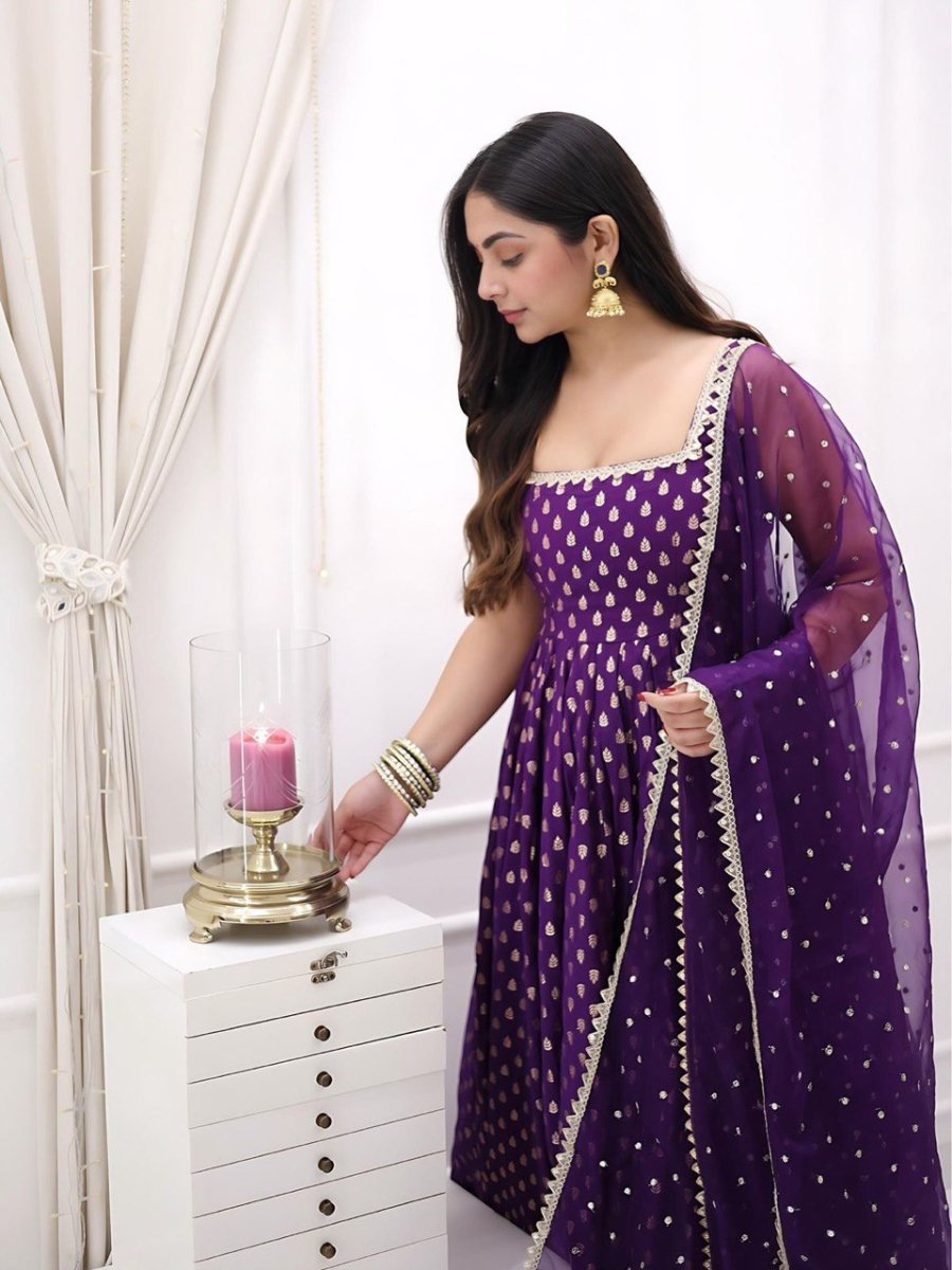 Silk Purple Ready Made Anarkali Gown With Traditional Weaving - 001FASHIONFORWARD