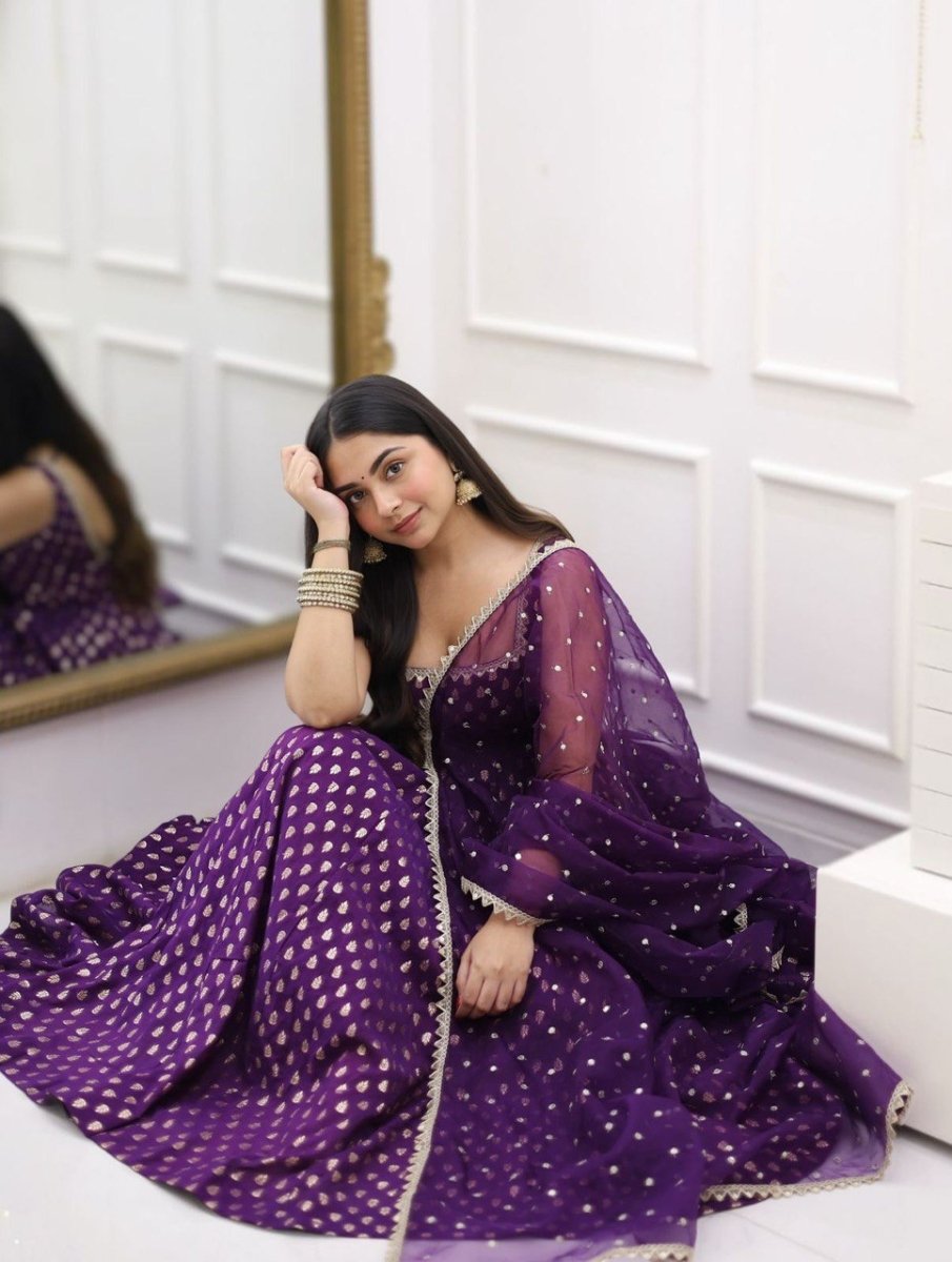 Silk Purple Ready Made Anarkali Gown With Traditional Weaving - 001FASHIONFORWARD
