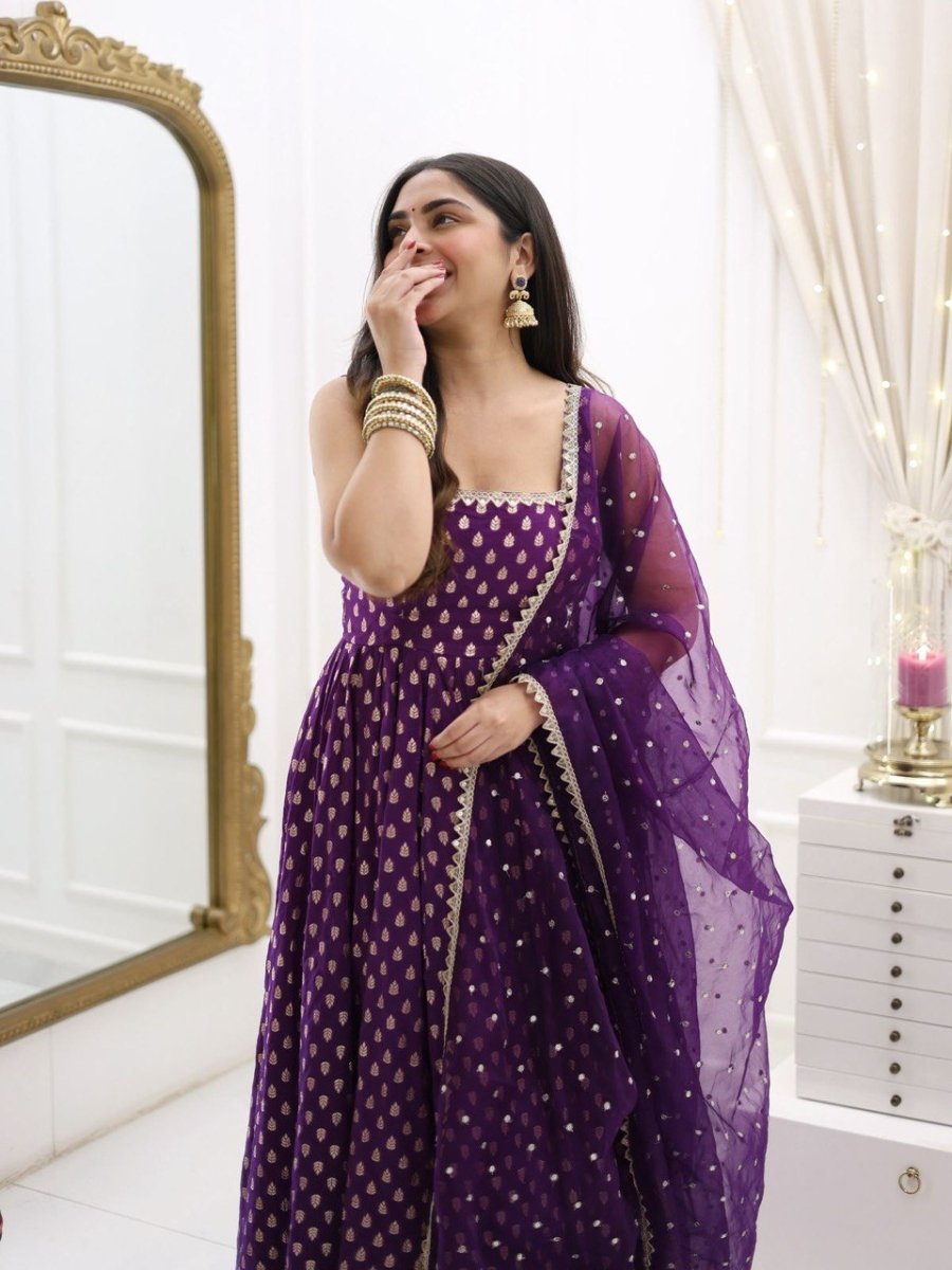 Silk Purple Ready Made Anarkali Gown With Traditional Weaving - 001FASHIONFORWARD