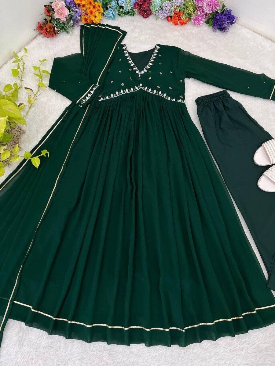 Solid Green Mehendi Outfit Women Indian Pakistani Anarkali Gown Set Georgette - 001FASHIONFORWARD