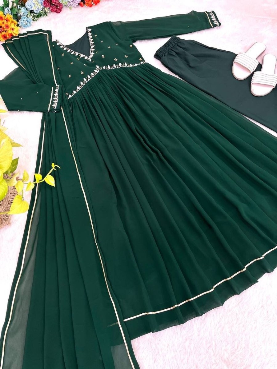 Solid Green Mehendi Outfit Women Indian Pakistani Anarkali Gown Set Georgette - 001FASHIONFORWARD