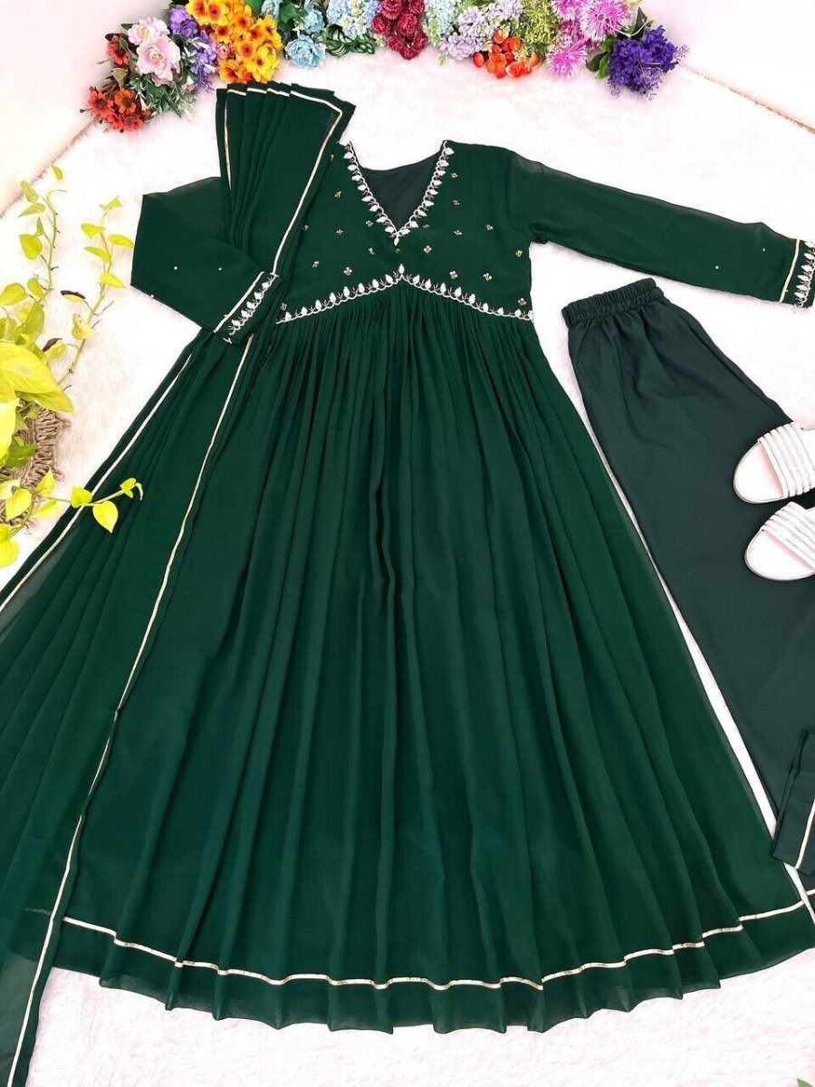 Solid Green Mehendi Outfit Women Indian Pakistani Anarkali Gown Set Georgette - 001FASHIONFORWARD