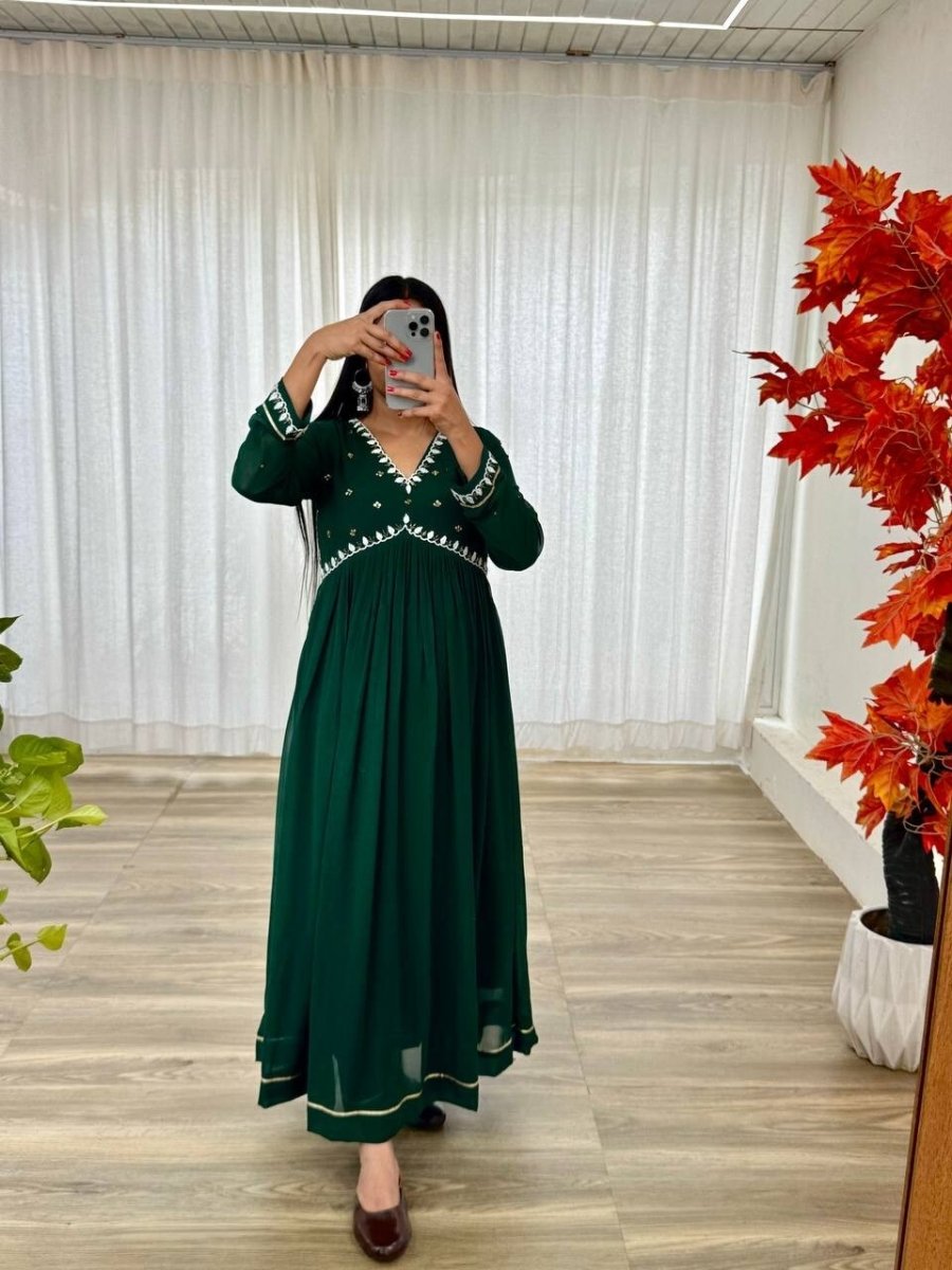 Solid Green Mehendi Outfit Women Indian Pakistani Anarkali Gown Set Georgette - 001FASHIONFORWARD