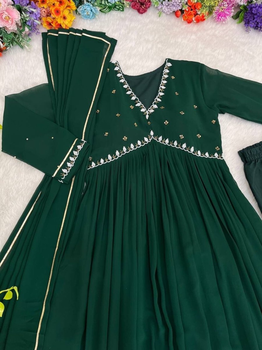 Solid Green Mehendi Outfit Women Indian Pakistani Anarkali Gown Set Georgette - 001FASHIONFORWARD