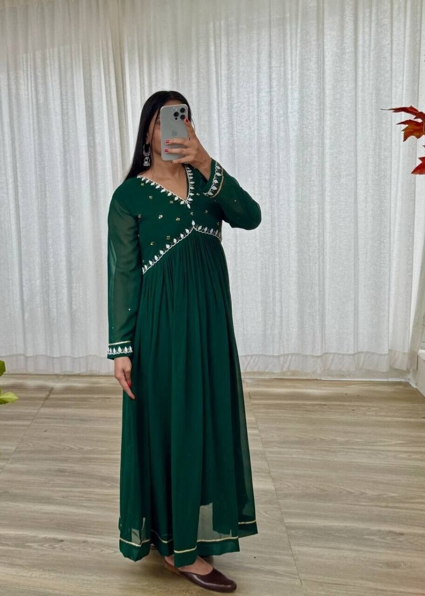 Solid Green Mehendi Outfit Women Indian Pakistani Anarkali Gown Set Georgette - 001FASHIONFORWARD