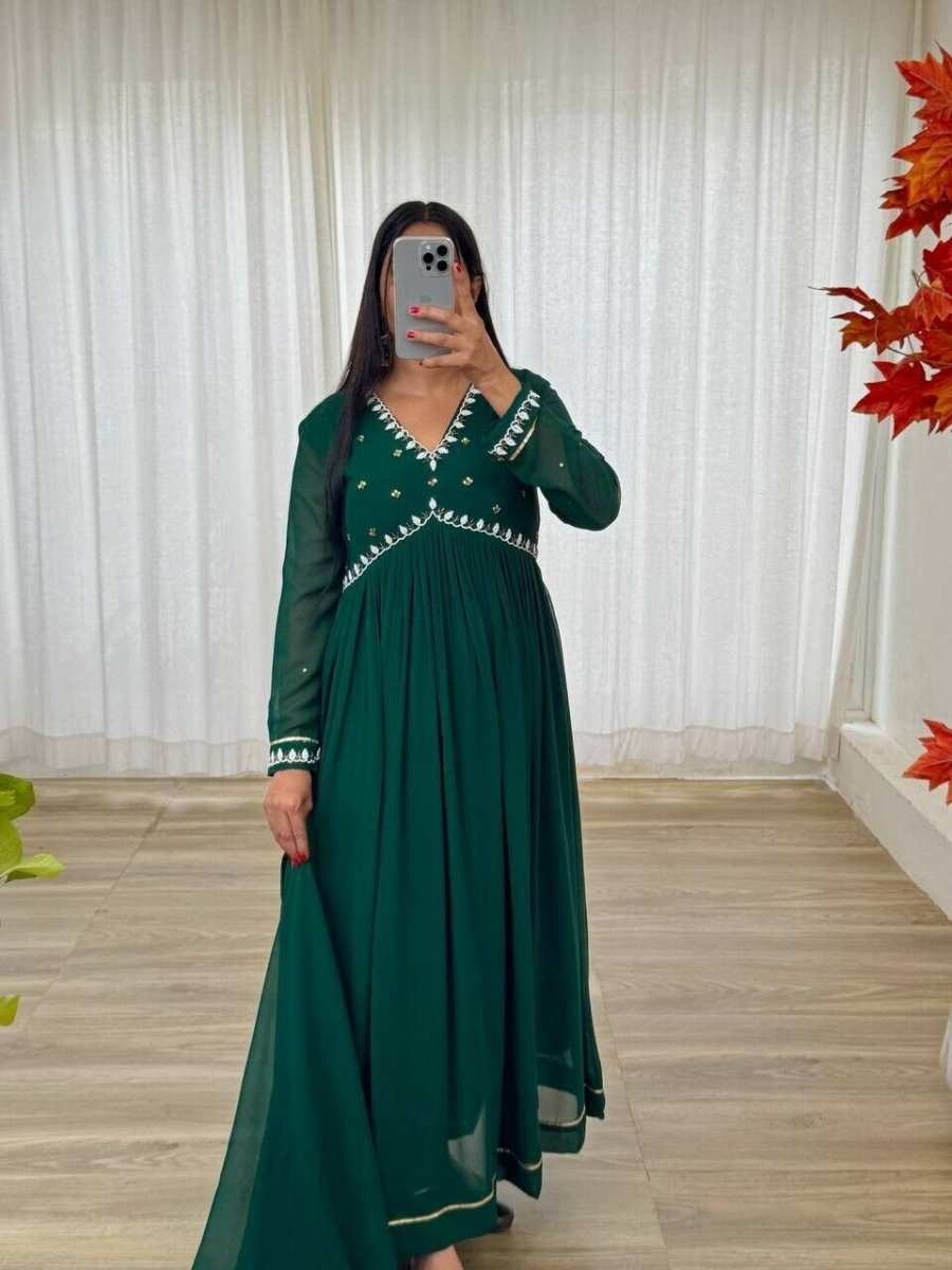 Solid Green Mehendi Outfit Women Indian Pakistani Anarkali Gown Set Georgette - 001FASHIONFORWARD