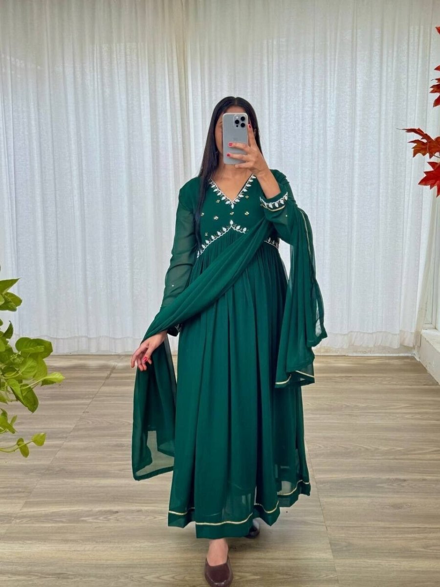 Solid Green Mehendi Outfit Women Indian Pakistani Anarkali Gown Set Georgette - 001FASHIONFORWARD