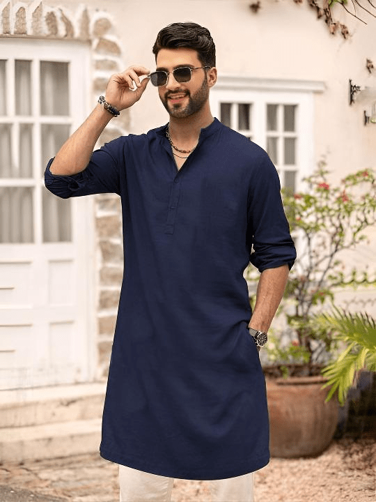 Solid Indian Clothing Fashion Shirt Men's Long Kurta Cotton India Dress Kurta - 001FASHIONFORWARD