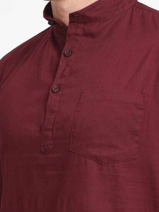 Traditional Indian Short Kurta Cotton Solid Mens Shirt Tunic Long Sleeve Marron - 001FASHIONFORWARD