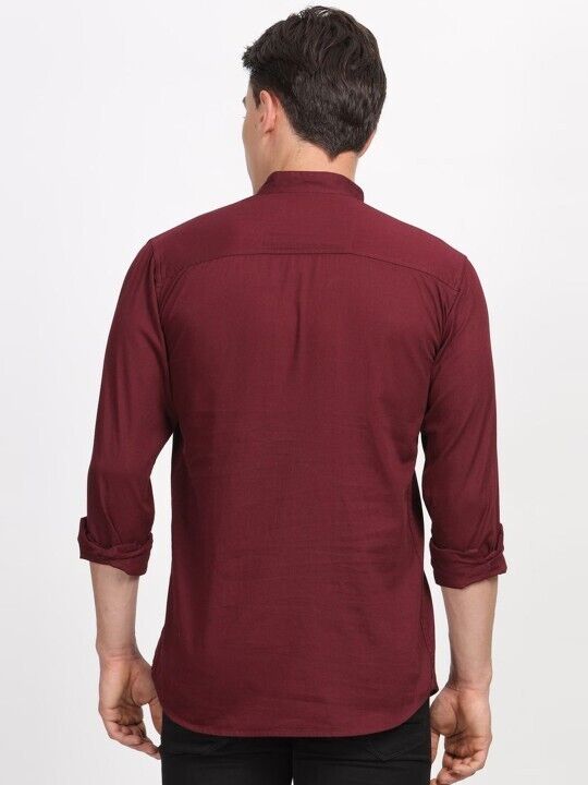 Traditional Indian Short Kurta Cotton Solid Mens Shirt Tunic Long Sleeve Marron - 001FASHIONFORWARD