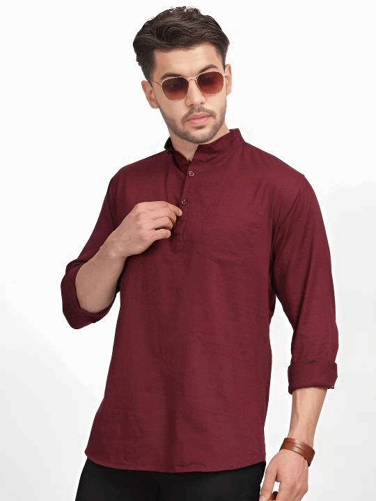 Traditional Indian Short Kurta Cotton Solid Mens Shirt Tunic Long Sleeve Marron - 001FASHIONFORWARD