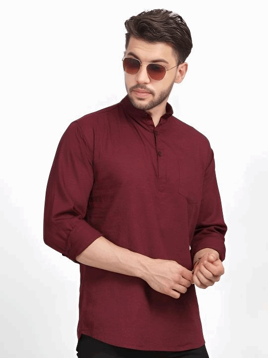 Traditional Indian Short Kurta Cotton Solid Mens Shirt Tunic Long Sleeve Marron - 001FASHIONFORWARD