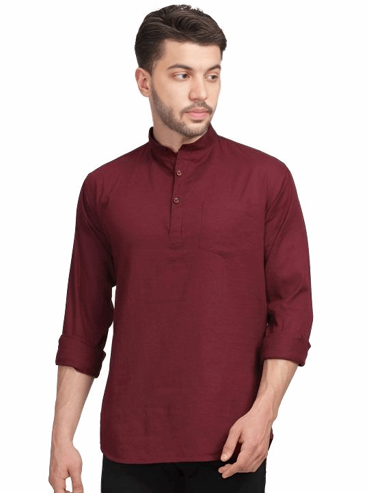 Traditional Indian Short Kurta Cotton Solid Mens Shirt Tunic Long Sleeve Marron - 001FASHIONFORWARD