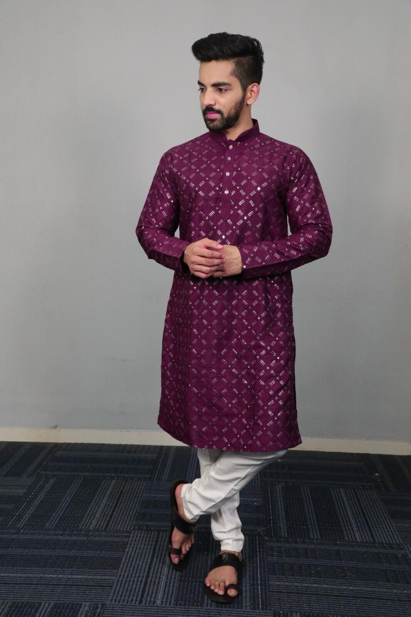Traditional Men’s Embroidered Wedding Long Kurta Pajama – Silk Bandhani look - 001FASHIONFORWARD