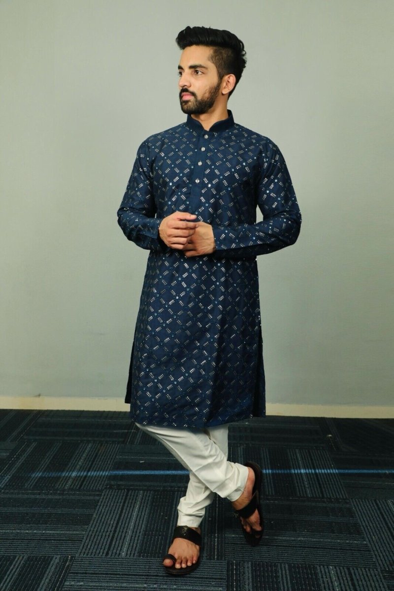 Traditional Men’s Embroidered Wedding Long Kurta Pajama – Silk Bandhani look - 001FASHIONFORWARD