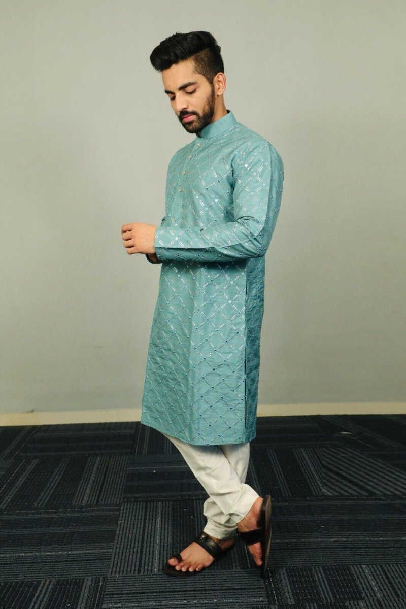 Traditional Men’s Embroidered Wedding Long Kurta Pajama – Silk Bandhani look - 001FASHIONFORWARD