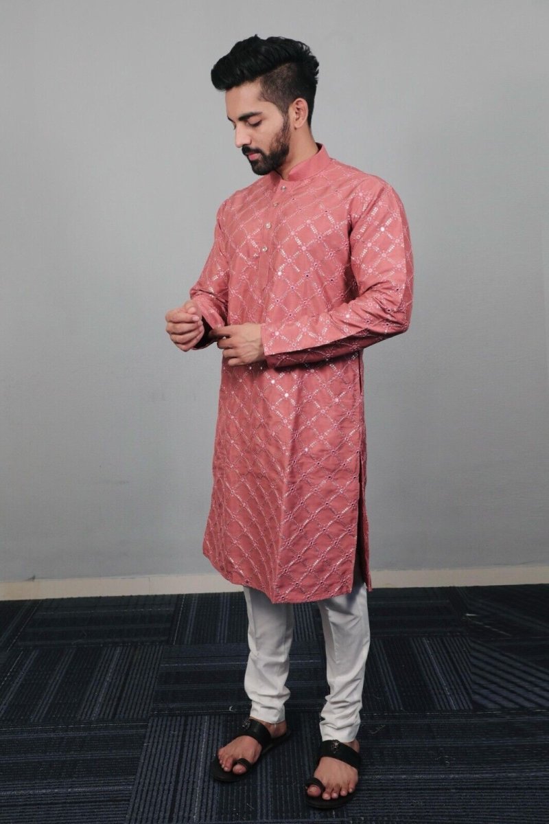 Traditional Men’s Embroidered Wedding Long Kurta Pajama – Silk Bandhani look - 001FASHIONFORWARD