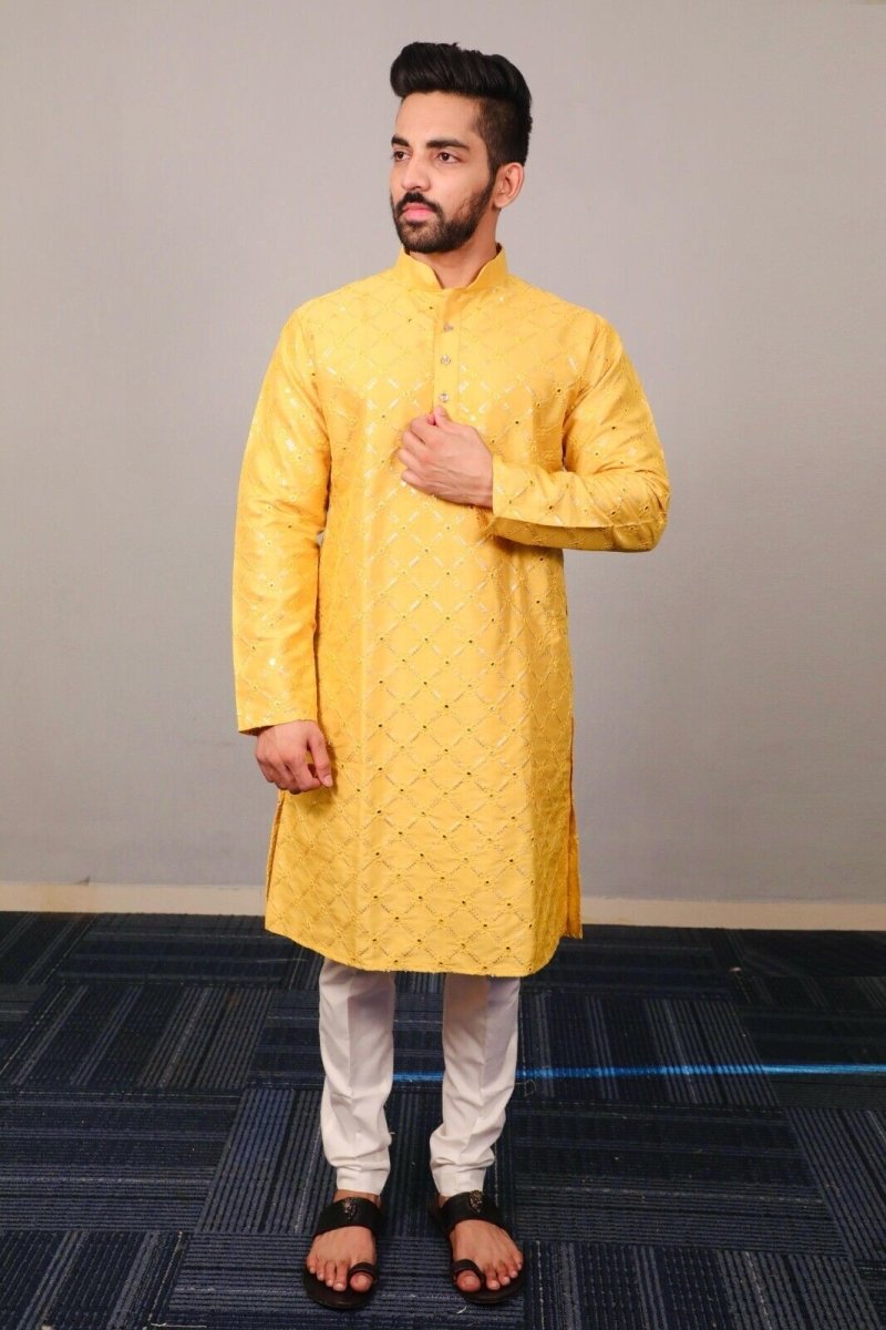 Traditional Men’s Embroidered Wedding Long Kurta Pajama – Silk Bandhani look - 001FASHIONFORWARD