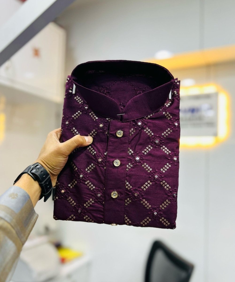 Traditional Men’s Embroidered Wedding Long Kurta Pajama – Silk Bandhani look - 001FASHIONFORWARD