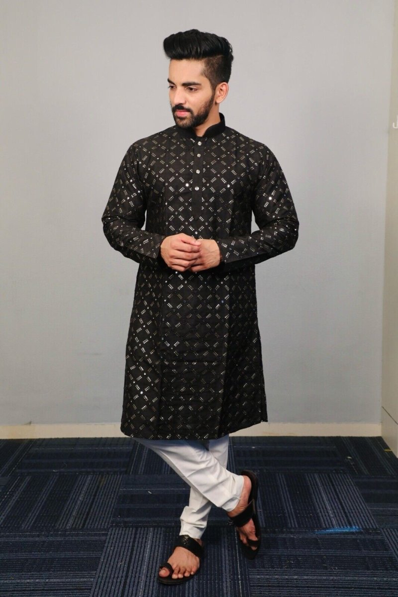 Traditional Men’s Embroidered Wedding Long Kurta Pajama – Silk Bandhani look - 001FASHIONFORWARD