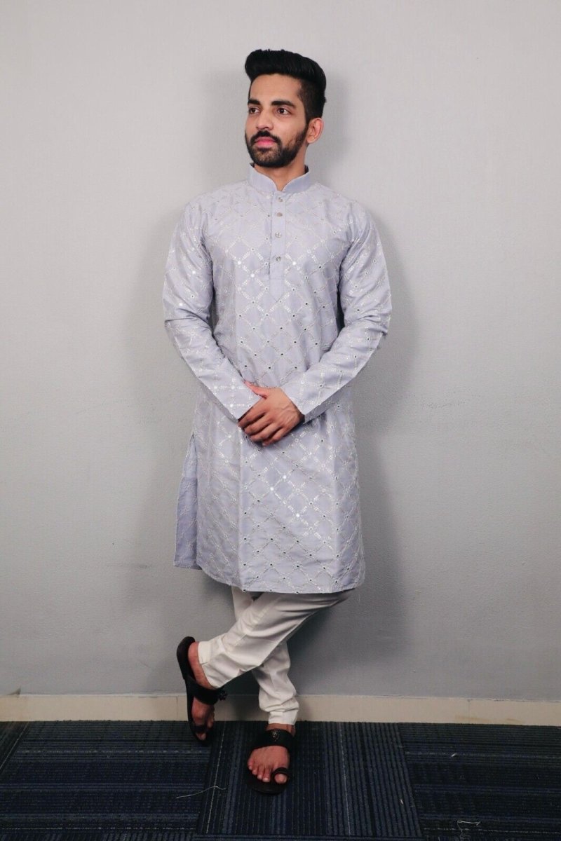 Traditional Men’s Embroidered Wedding Long Kurta Pajama – Silk Bandhani look - 001FASHIONFORWARD