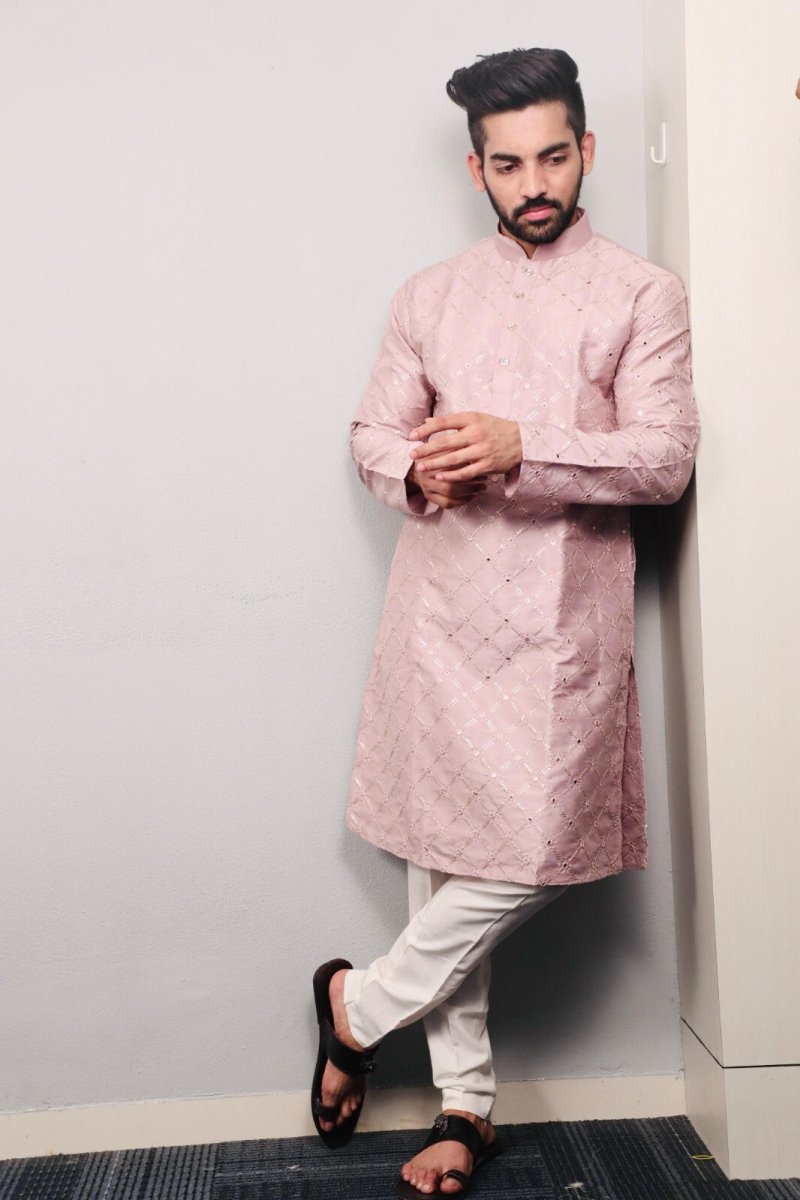 Traditional Men’s Embroidered Wedding Long Kurta Pajama – Silk Bandhani look - 001FASHIONFORWARD