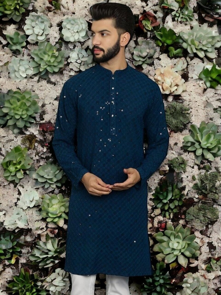Wedding Ready Wear Pure Cotton Men’s Shirt Long Kurta Pajama Pooja Kurta Blue - 001FASHIONFORWARD