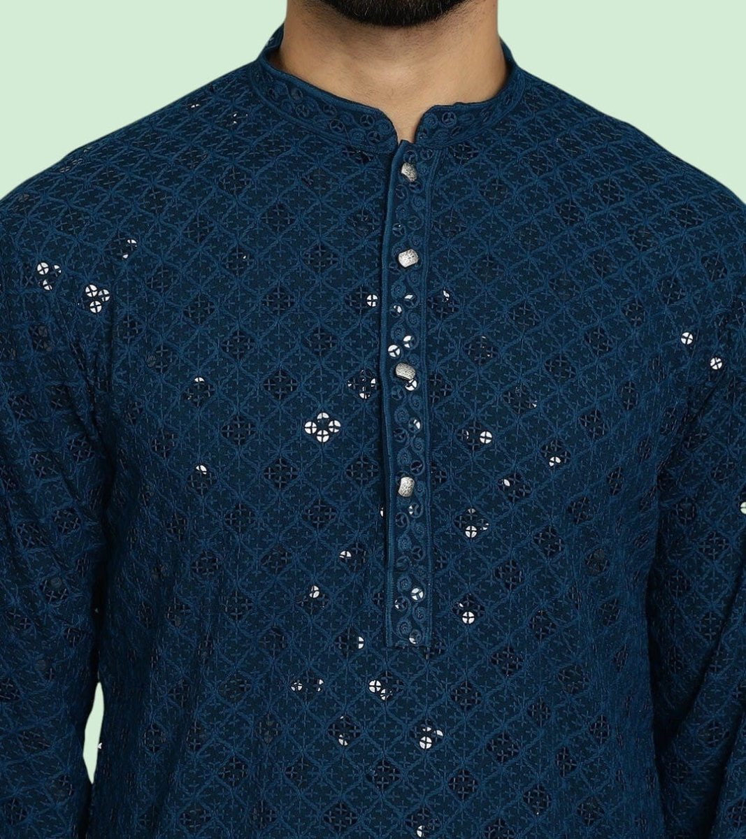 Wedding Ready Wear Pure Cotton Men’s Shirt Long Kurta Pajama Pooja Kurta Blue - 001FASHIONFORWARD