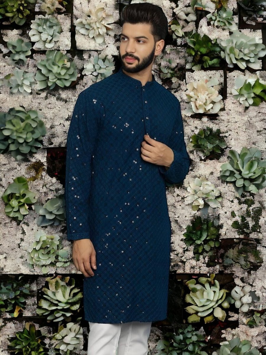 Wedding Ready Wear Pure Cotton Men’s Shirt Long Kurta Pajama Pooja Kurta Blue - 001FASHIONFORWARD