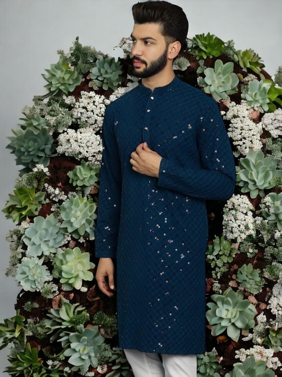Wedding Ready Wear Pure Cotton Men’s Shirt Long Kurta Pajama Pooja Kurta Blue - 001FASHIONFORWARD