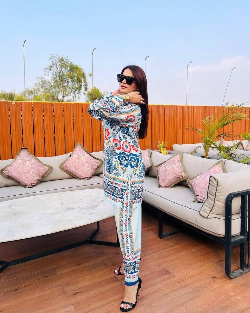 White & Blue Digital Printed Designer Farsi Suit WIth Chiffon Duppatta Suit set - 001FASHIONFORWARD