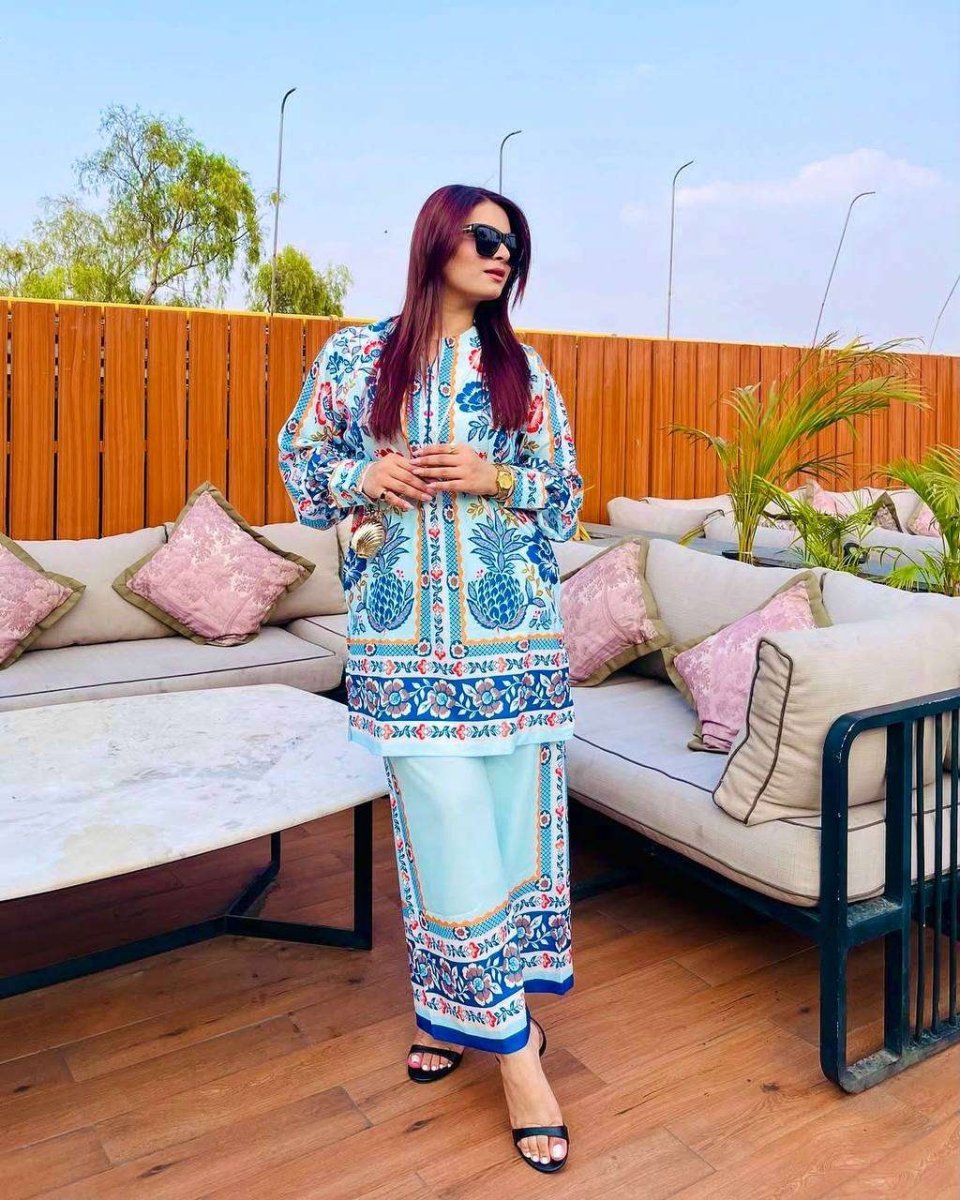 White & Blue Digital Printed Designer Farsi Suit WIth Chiffon Duppatta Suit set - 001FASHIONFORWARD