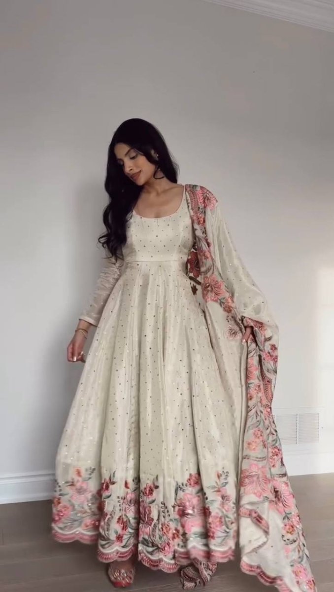 White Chinon Silk Anarkali Gown With Sequin And Moti Mukesh Work - 001FASHIONFORWARD