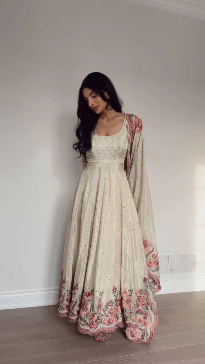 White Chinon Silk Anarkali Gown With Sequin And Moti Mukesh Work - 001FASHIONFORWARD