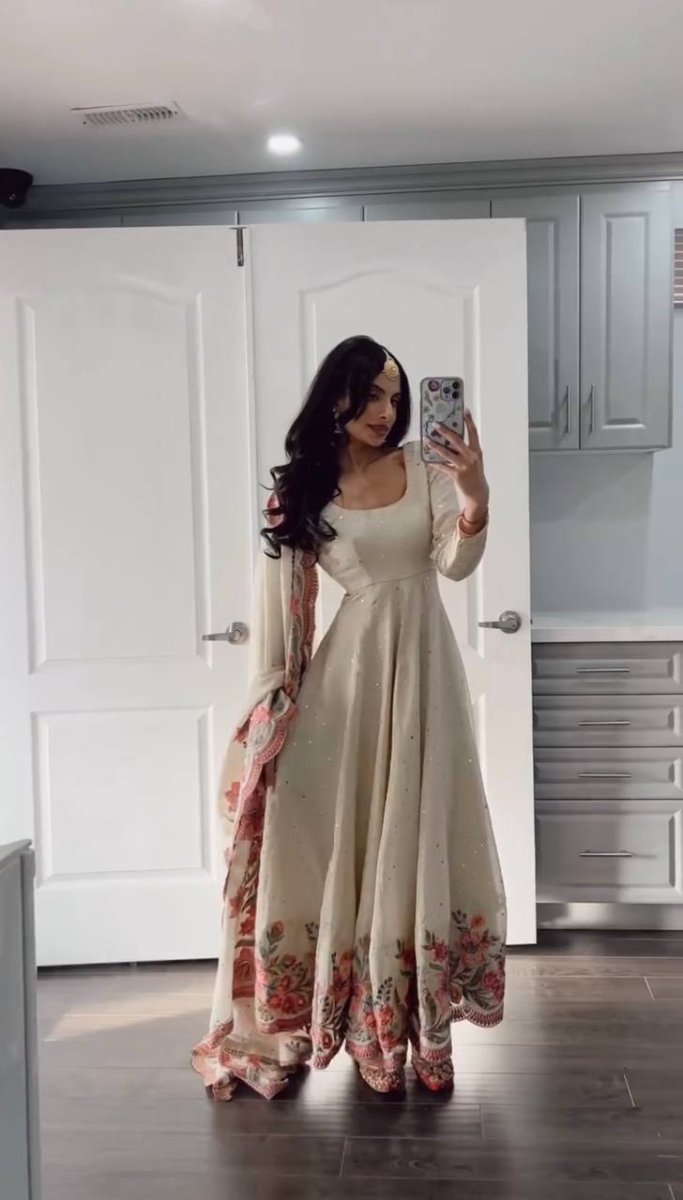 White Chinon Silk Anarkali Gown With Sequin And Moti Mukesh Work - 001FASHIONFORWARD
