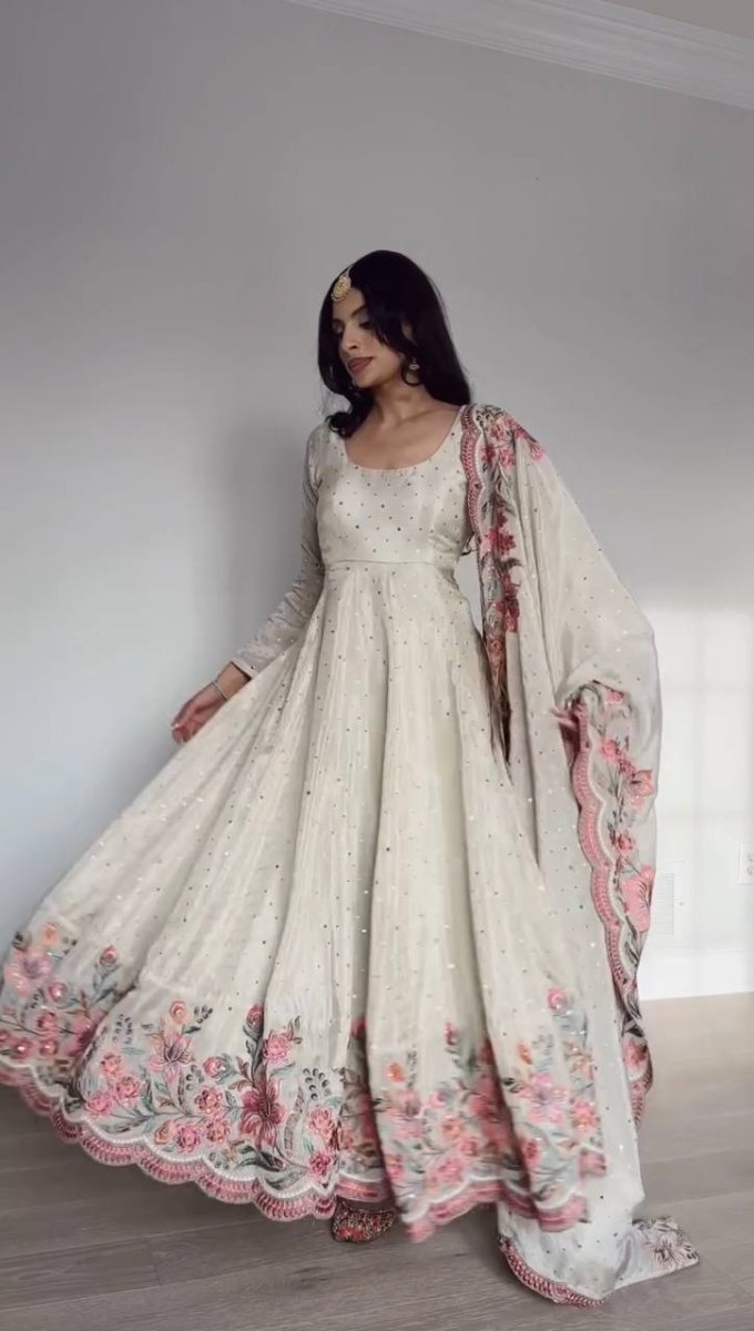 White Chinon Silk Anarkali Gown With Sequin And Moti Mukesh Work - 001FASHIONFORWARD