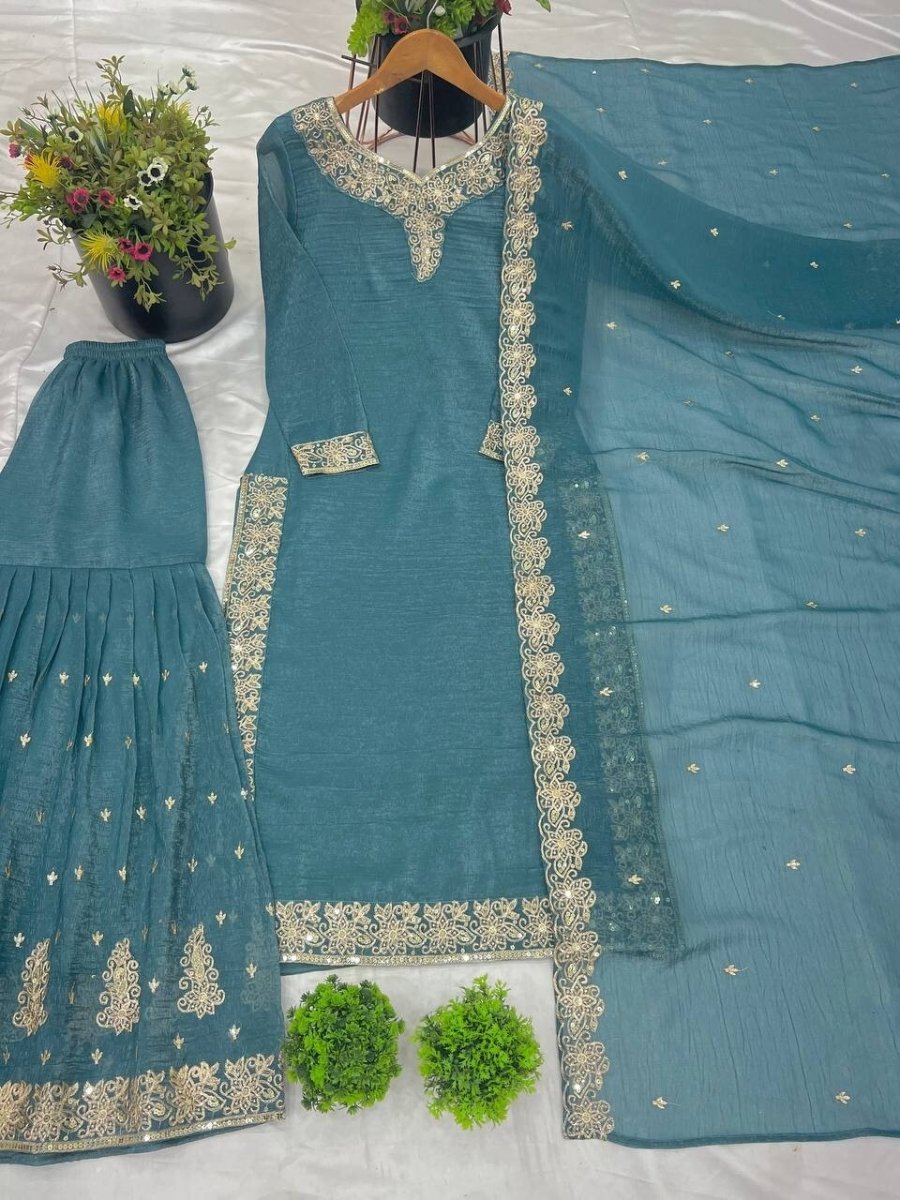 White Crunchy Silk Pakistani Salwar Kameez Sharara Suit with Embroidered Dupatta - 001FASHIONFORWARD