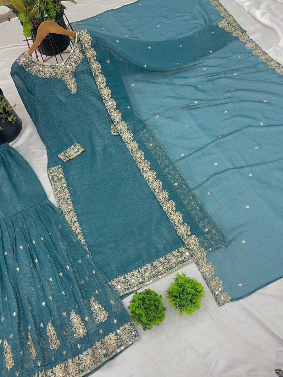 White Crunchy Silk Pakistani Salwar Kameez Sharara Suit with Embroidered Dupatta - 001FASHIONFORWARD