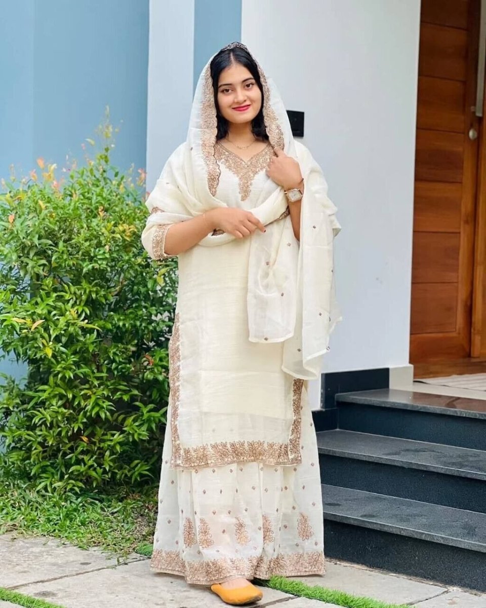 White Crunchy Silk Pakistani Salwar Kameez Sharara Suit with Embroidered Dupatta - 001FASHIONFORWARD