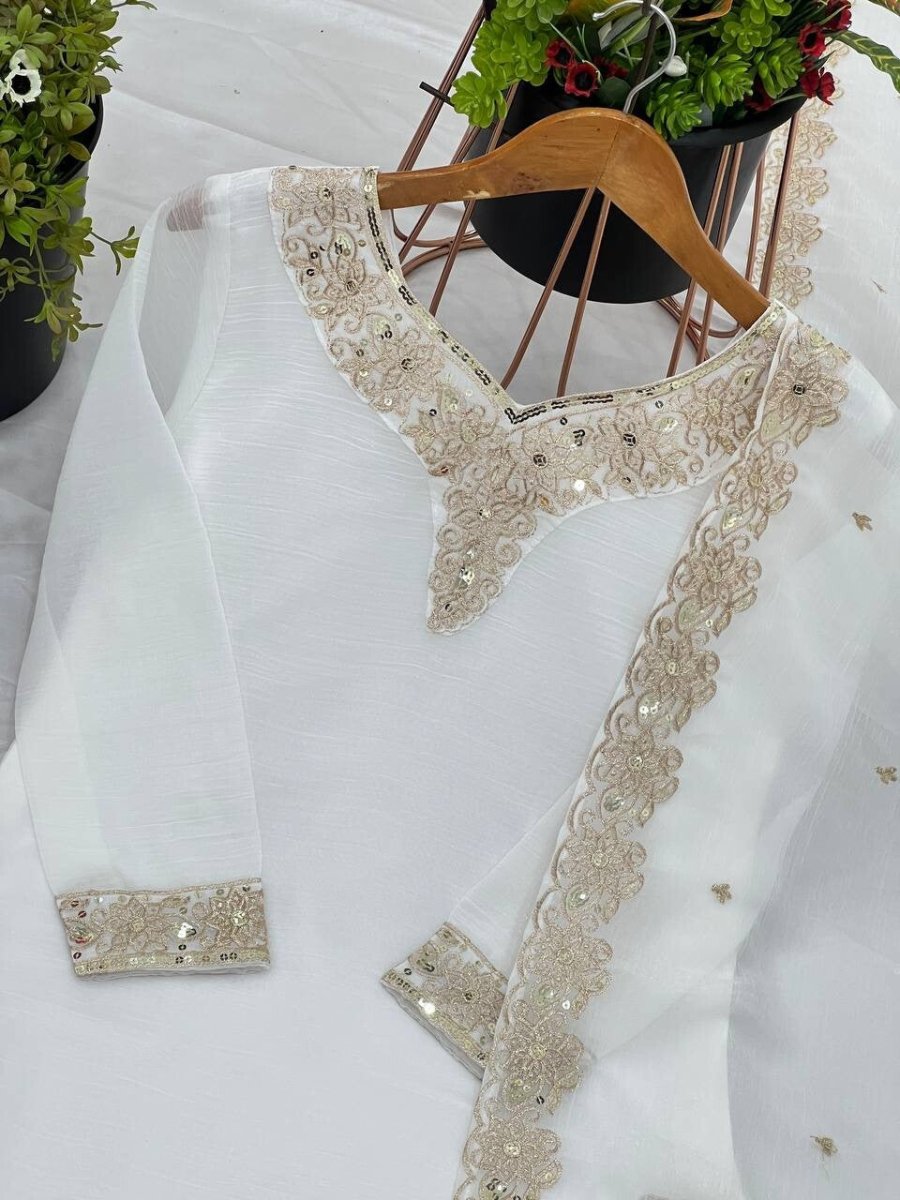 White Crunchy Silk Pakistani Salwar Kameez Sharara Suit with Embroidered Dupatta - 001FASHIONFORWARD