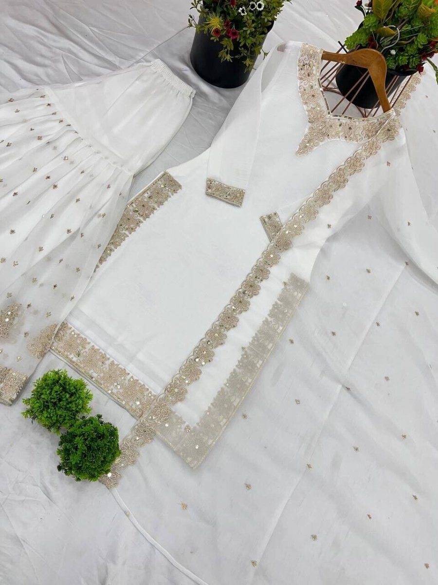White Crunchy Silk Pakistani Salwar Kameez Sharara Suit with Embroidered Dupatta - 001FASHIONFORWARD